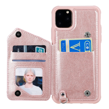For iPhone 11 Pro Max Dual Buckles Zipper Shockproof Back Cover Protective Case with Holder & Card Slots & Wallet & Lanyard & Photos Frames(Rose gold)-garmade.com