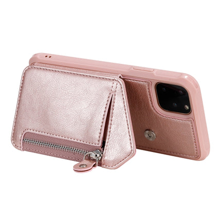 For iPhone 11 Pro Max Dual Buckles Zipper Shockproof Back Cover Protective Case with Holder & Card Slots & Wallet & Lanyard & Photos Frames(Rose gold)-garmade.com