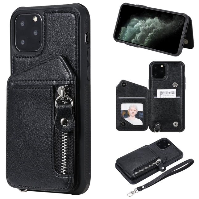 For iPhone 11 Pro Dual Buckles Zipper Shockproof Back Cover Protective Case with Holder & Card Slots & Wallet & Lanyard & Photos Frames(Black)-garmade.com