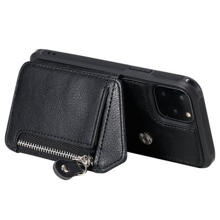 For iPhone 11 Pro Dual Buckles Zipper Shockproof Back Cover Protective Case with Holder & Card Slots & Wallet & Lanyard & Photos Frames(Black)-garmade.com