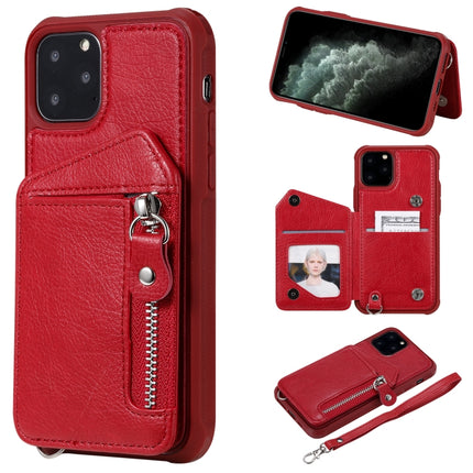For iPhone 11 Pro Dual Buckles Zipper Shockproof Back Cover Protective Case with Holder & Card Slots & Wallet & Lanyard & Photos Frames(Red)-garmade.com