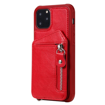 For iPhone 11 Pro Dual Buckles Zipper Shockproof Back Cover Protective Case with Holder & Card Slots & Wallet & Lanyard & Photos Frames(Red)-garmade.com