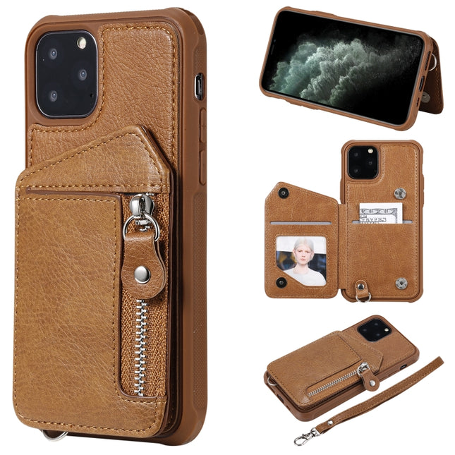 For iPhone 11 Pro Dual Buckles Zipper Shockproof Back Cover Protective Case with Holder & Card Slots & Wallet & Lanyard & Photos Frames(Coffee)-garmade.com