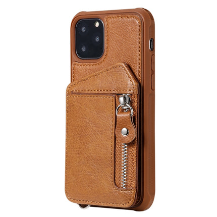 For iPhone 11 Pro Dual Buckles Zipper Shockproof Back Cover Protective Case with Holder & Card Slots & Wallet & Lanyard & Photos Frames(Coffee)-garmade.com