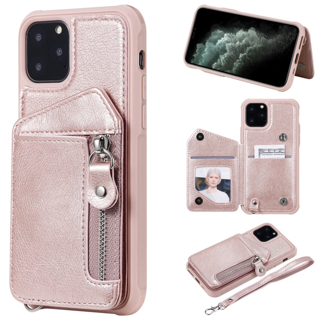 For iPhone 11 Pro Dual Buckles Zipper Shockproof Back Cover Protective Case with Holder & Card Slots & Wallet & Lanyard & Photos Frames(Rose gold)-garmade.com
