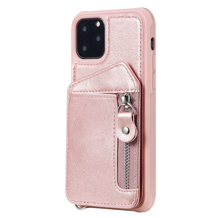 For iPhone 11 Pro Dual Buckles Zipper Shockproof Back Cover Protective Case with Holder & Card Slots & Wallet & Lanyard & Photos Frames(Rose gold)-garmade.com