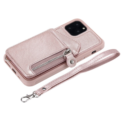 For iPhone 11 Pro Dual Buckles Zipper Shockproof Back Cover Protective Case with Holder & Card Slots & Wallet & Lanyard & Photos Frames(Rose gold)-garmade.com