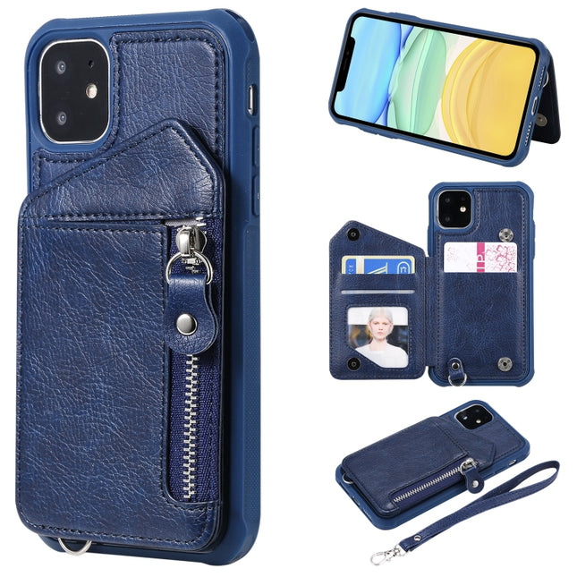 For iPhone 11 Dual Buckles Zipper Shockproof Back Cover Protective Case with Holder & Card Slots & Wallet & Lanyard & Photos Frames(Blue)-garmade.com