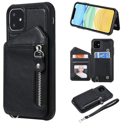 For iPhone 11 Dual Buckles Zipper Shockproof Back Cover Protective Case with Holder & Card Slots & Wallet & Lanyard & Photos Frames(Black)-garmade.com