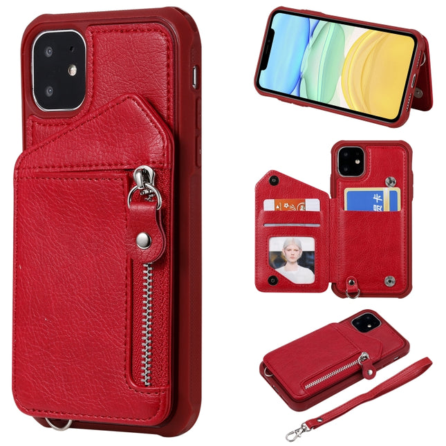 For iPhone 11 Dual Buckles Zipper Shockproof Back Cover Protective Case with Holder & Card Slots & Wallet & Lanyard & Photos Frames(Red)-garmade.com