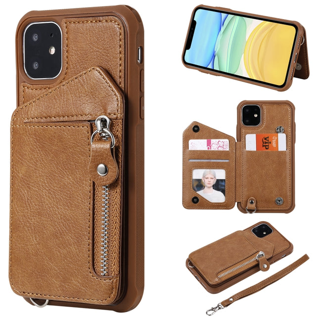 For iPhone 11 Dual Buckles Zipper Shockproof Back Cover Protective Case with Holder & Card Slots & Wallet & Lanyard & Photos Frames(Coffee)-garmade.com