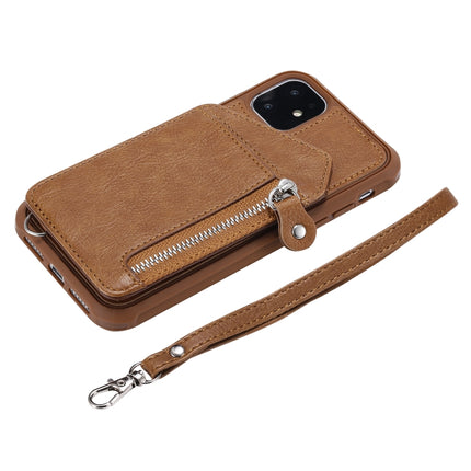 For iPhone 11 Dual Buckles Zipper Shockproof Back Cover Protective Case with Holder & Card Slots & Wallet & Lanyard & Photos Frames(Coffee)-garmade.com
