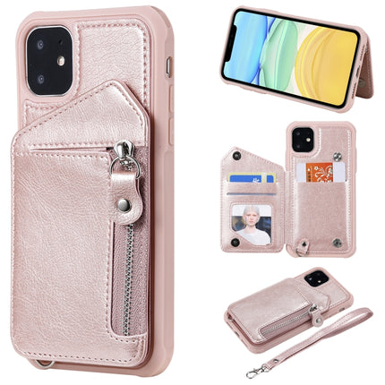 For iPhone 11 Dual Buckles Zipper Shockproof Back Cover Protective Case with Holder & Card Slots & Wallet & Lanyard & Photos Frames(Rose gold)-garmade.com