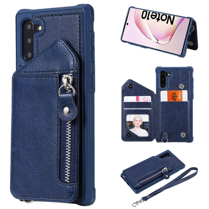 For Galaxy Note 10 Dual Buckles Zipper Shockproof Back Cover Protective Case with Holder & Card Slots & Wallet & Lanyard & Photos Frames(Blue)-garmade.com