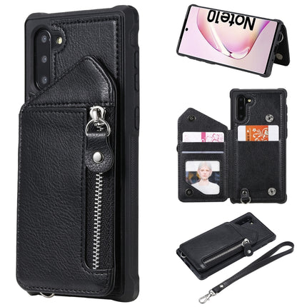 For Galaxy Note 10 Dual Buckles Zipper Shockproof Back Cover Protective Case with Holder & Card Slots & Wallet & Lanyard & Photos Frames(Black)-garmade.com