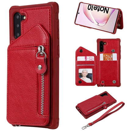 For Galaxy Note 10 Dual Buckles Zipper Shockproof Back Cover Protective Case with Holder & Card Slots & Wallet & Lanyard & Photos Frames(Red)-garmade.com