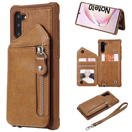 For Galaxy Note 10 Dual Buckles Zipper Shockproof Back Cover Protective Case with Holder & Card Slots & Wallet & Lanyard & Photos Frames(Coffee)-garmade.com
