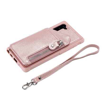 For Galaxy Note 10 Dual Buckles Zipper Shockproof Back Cover Protective Case with Holder & Card Slots & Wallet & Lanyard & Photos Frames(Rose gold)-garmade.com