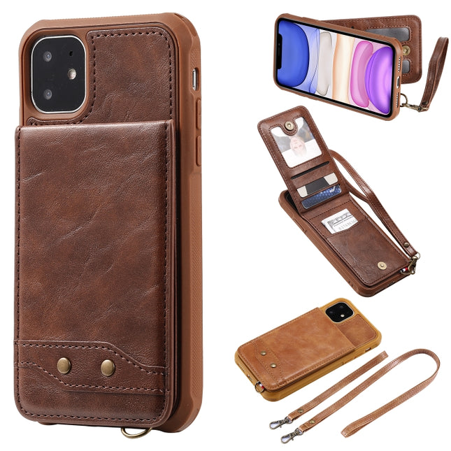 For iPhone 11 Vertical Flip Wallet Shockproof Back Cover Protective Case with Holder & Card Slots & Lanyard & Photos Frames(Coffee)-garmade.com