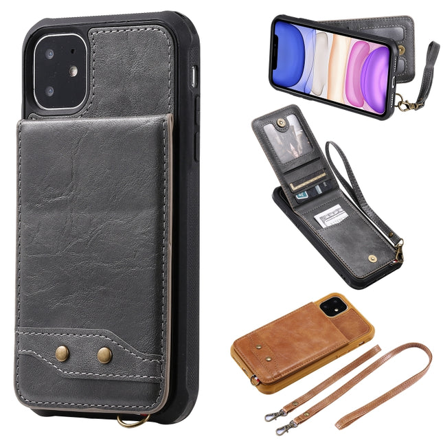 For iPhone 11 Vertical Flip Wallet Shockproof Back Cover Protective Case with Holder & Card Slots & Lanyard & Photos Frames(Grey)-garmade.com