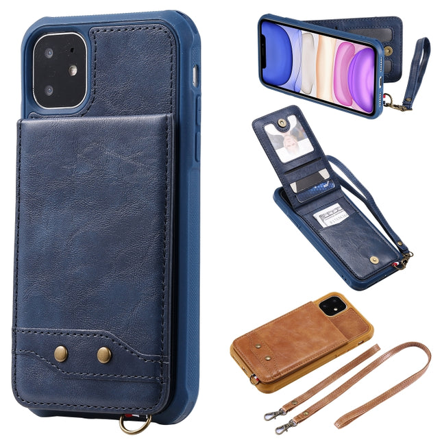 For iPhone 11 Vertical Flip Wallet Shockproof Back Cover Protective Case with Holder & Card Slots & Lanyard & Photos Frames(Blue)-garmade.com