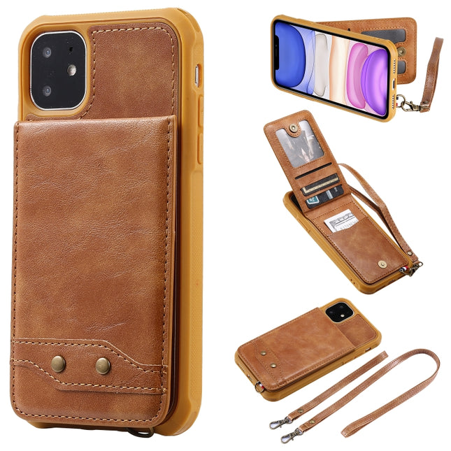 For iPhone 11 Vertical Flip Wallet Shockproof Back Cover Protective Case with Holder & Card Slots & Lanyard & Photos Frames(Brown)-garmade.com