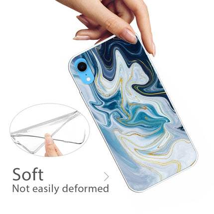 For iPhone XR Embossed Varnished Marble TPU Protective Case with Holder(Gold Line Blue)-garmade.com