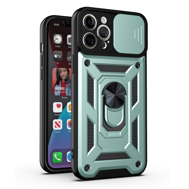 Sliding Camera Cover Design Precise Hole TPU+PC Protective Case For iPhone 13 Pro(Dark Green)-garmade.com