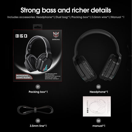 ONIKUMA B60 Bluetooth 5.0 Adjustable Strong Bass Gaming Wireless Bluetooth Headset with Microphone(Black)-garmade.com
