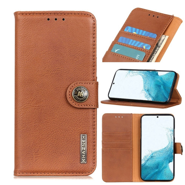 For Samsung Galaxy S22+ 5G KHAZNEH Cowhide Texture Horizontal Flip Leather Case with Holder & Card Slots & Wallet(Brown)-garmade.com