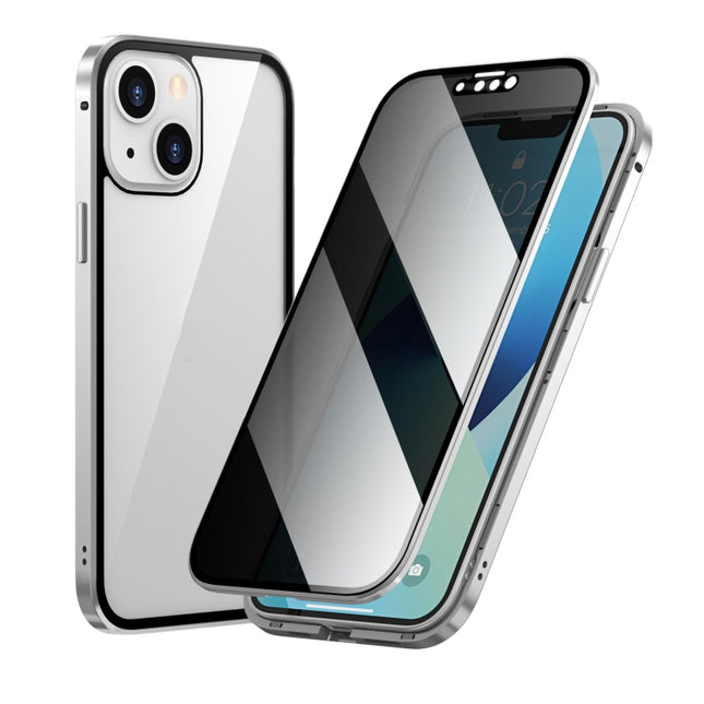 Anti-peeping Magnetic Metal Frame Double-sided Tempered Glass Phone Case For iPhone 13 mini(Silver)-garmade.com