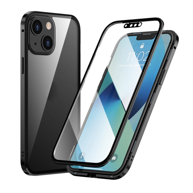 HD Magnetic Metal Frame Double-sided Tempered Glass Phone Case For iPhone 13 mini(Black)-garmade.com