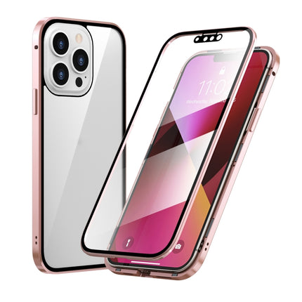 HD Magnetic Metal Frame Double-sided Tempered Glass Phone Case For iPhone 13 Pro(Pink)-garmade.com