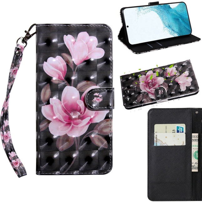 For Samaung Galaxy S22+ 5G 3D Painted Pattern Horizontal Flip Leather Phone Case with Holder & Lanyard(Pink Flower)-garmade.com