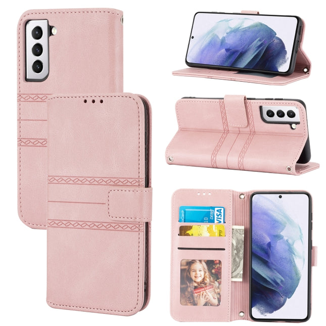 For Samaung Galaxy S22+ 5G Embossed Striped Magnetic Buckle PU + TPU Horizontal Flip Phone Leather Case(Pink)-garmade.com