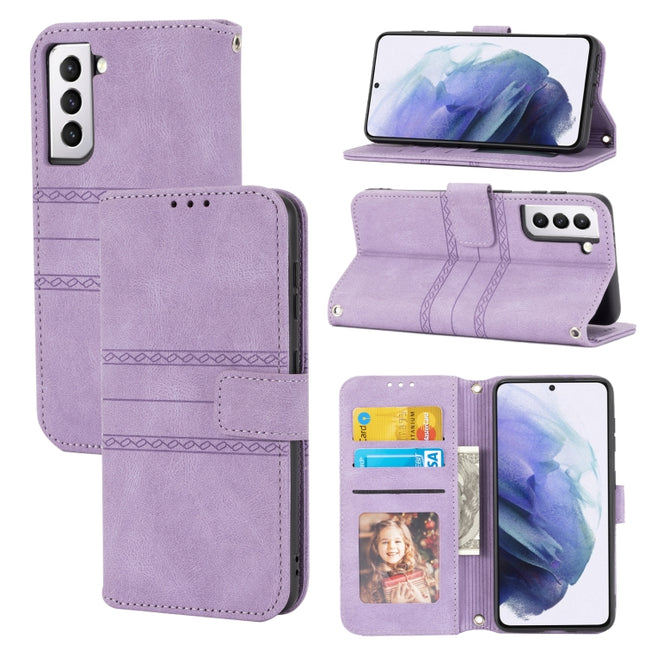 For Samaung Galaxy S22+ 5G Embossed Striped Magnetic Buckle PU + TPU Horizontal Flip Phone Leather Case(Purple)-garmade.com