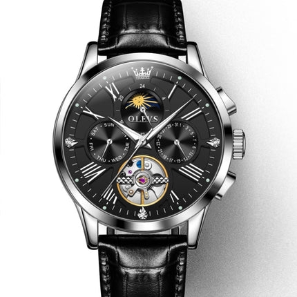 OLEVS 9912 Hollow Flywheel Week Calendar Dial Luminous Mechanical Watch for Men(Silver Shell Black Surface)-garmade.com