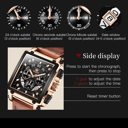 OLEVS 9919 Square Dial Chronograph Luminous Quartz Watch for Men(Brown Leather Rose Shell Black Surface)-garmade.com
