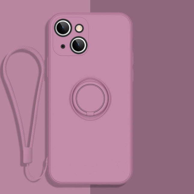 All-inclusive Liquid Silicone Phone Protective Case with Ring Holder & Lanyard For iPhone 13 mini(Cherry Blossom Purple)-garmade.com