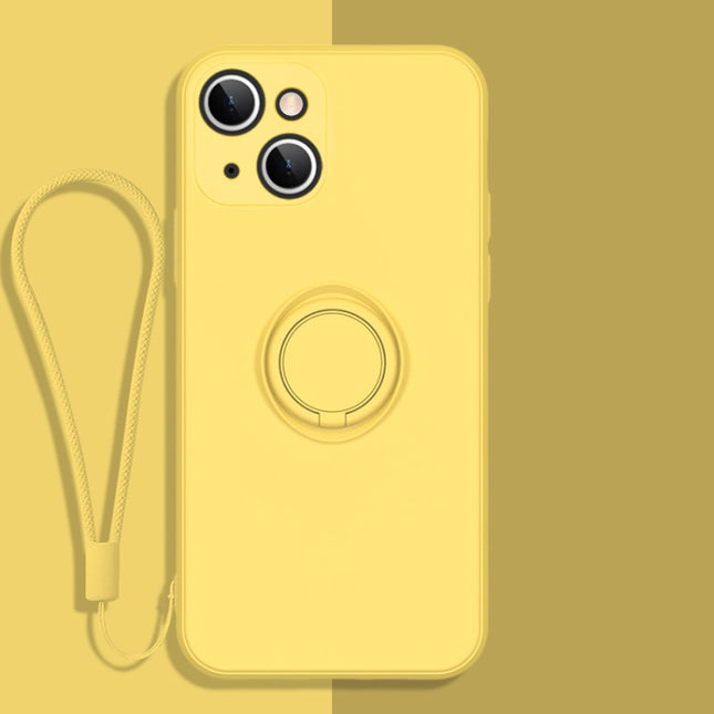 All-inclusive Liquid Silicone Phone Protective Case with Ring Holder & Lanyard For iPhone 13 mini(Lemon Yellow)-garmade.com