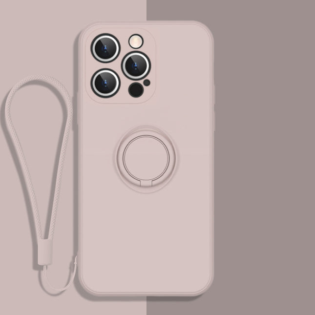 All-inclusive Liquid Silicone Phone Protective Case with Ring Holder & Lanyard For iPhone 13 Pro(Grass Purple)-garmade.com