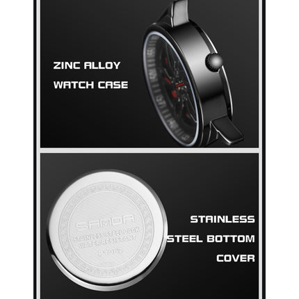 SANDA 1062 360 Degree Hollow Spinning Dial Steel Strap Quartz Watch for Men(Black)-garmade.com