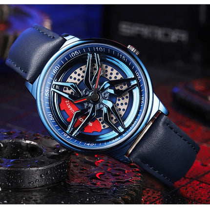 SANDA 1062 360 Degree Hollow Spinning Dial Leather Strap Quartz Watch for Men(Blue)-garmade.com