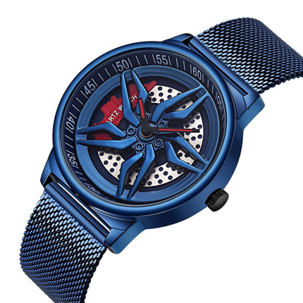 SANDA 1062 360 Degree Hollow Spinning Dial Mesh Strap Quartz Watch for Men(Blue)-garmade.com