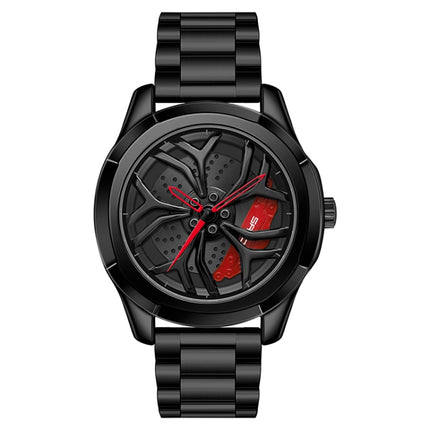 SANDA 1065 3D Hollow Out Wheel Non-rotatable Dial Quartz Watch for Men, Style:Steel Belt(Black Red)-garmade.com
