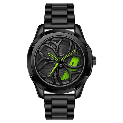 SANDA 1065 3D Hollow Out Wheel Non-rotatable Dial Quartz Watch for Men, Style:Steel Belt(Black Green)-garmade.com