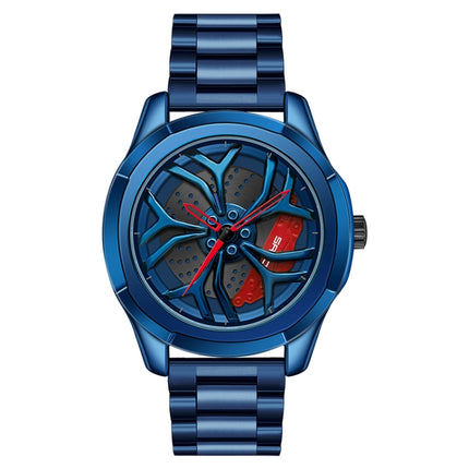 SANDA 1065 3D Hollow Out Wheel Non-rotatable Dial Quartz Watch for Men, Style:Steel Belt(Blue Red)-garmade.com