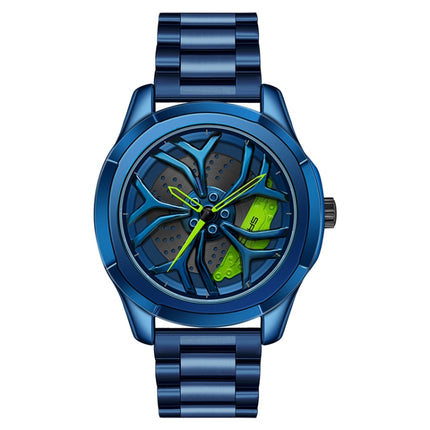 SANDA 1065 3D Hollow Out Wheel Non-rotatable Dial Quartz Watch for Men, Style:Steel Belt(Blue Green)-garmade.com