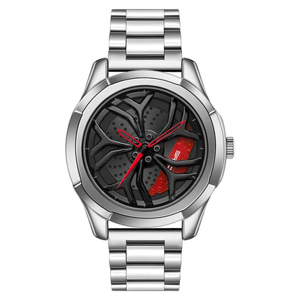 SANDA 1065 3D Hollow Out Wheel Non-rotatable Dial Quartz Watch for Men, Style:Steel Belt(Silver Red)-garmade.com