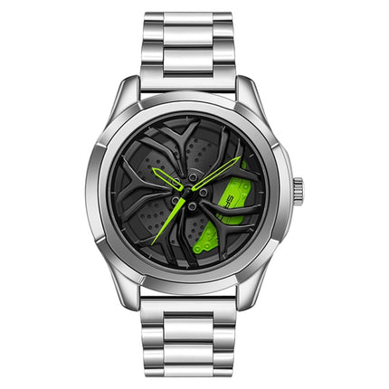 SANDA 1065 3D Hollow Out Wheel Non-rotatable Dial Quartz Watch for Men, Style:Steel Belt(Silver Green)-garmade.com